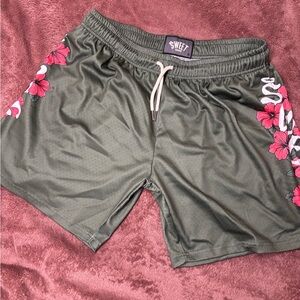 Sweet Floral Mesh Shorts Olive Green Hibiscus Print
